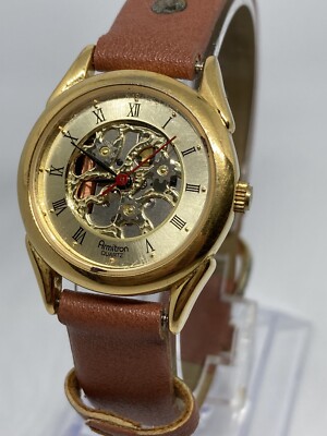 Armitron Quartz Gold Dial 25/49661 Skeleton Roman Numbers Leather