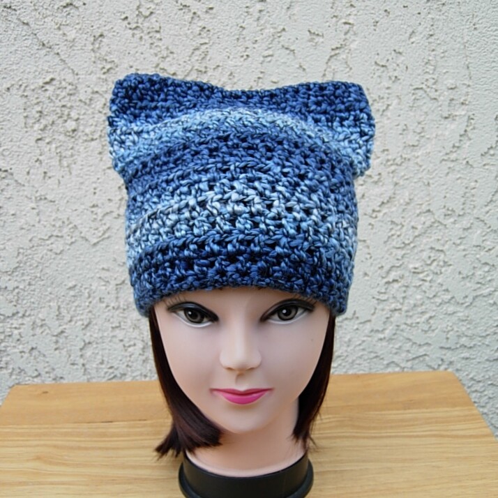 Women's Cat Hat Light & Dark Blue Striped Soft Crochet Knit Warm