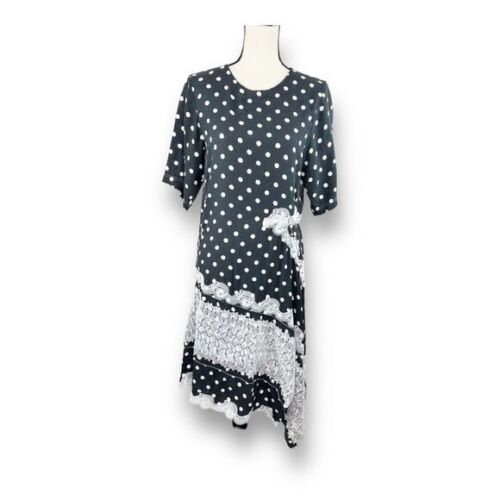 Koche Silk Blend Polka Dot Panel Black Asymmetrical Hem Midi Dress US 10 EUR 42 - Picture 3 of 16