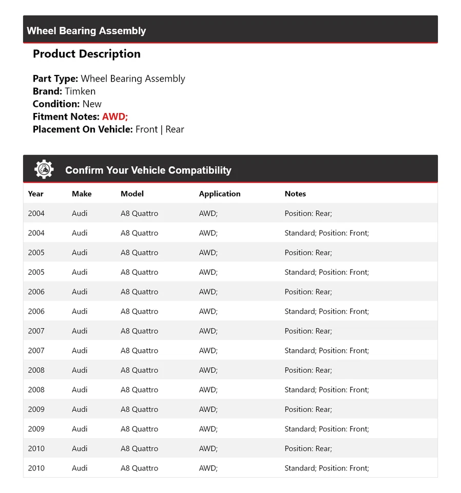 For 2004-2010 Audi A8 Quattro AWD Wheel Bearing Assembly Timken 2005 2006 2007 - Image 2 of 4