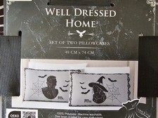 New Well Dressed Home Halloween Grey Witch & Vampire Bat Mr Mrs Pillow Case