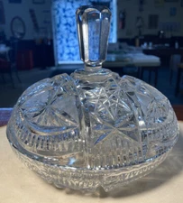 Vintage Crystal Cut Covered Candy Dish 7" Tall ~ Star Of David Clear Handled