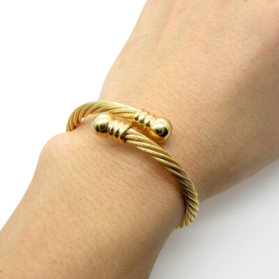 Gold Ball End Twisted Cable Wire Cuff Bangle Stainless Steel Bracelet Women Mens