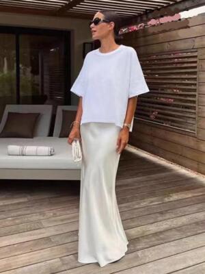 Satin Bias Cut Skirt Black Beige - Main Image