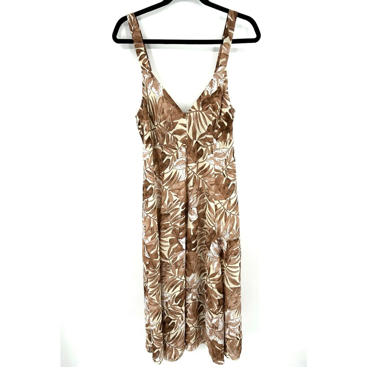 eva tralala linen dress EVA TRALALA Paris Vintage Brown Cream Floral Leaf V-Neck Pleat Midi Dress  Small
