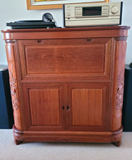 Rosewood Oriental Style Carved Bar Cabinet  Fold-Out Bottle & Glass Storage