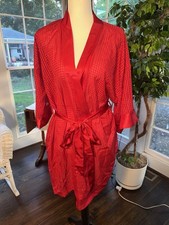 VTG L.A Intimates Red Satin Robe 80s Jacquard Checkerboard Coquette Boudoir LG