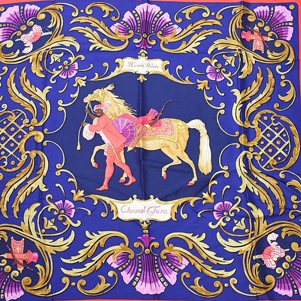 Hermes Cheval Turc 90cm Silk Scarf Stole in Blue Turkish Horse Design  