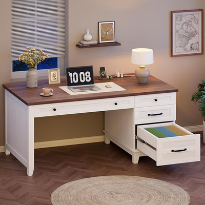 Farmhouse Executive Desk with Drawers & Charging Station, White Walnut Finish