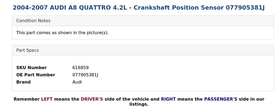2004-2007 AUDI A8 QUATTRO 4.2L - Crankshaft Position Sensor 077905381J - Image 3 of 4