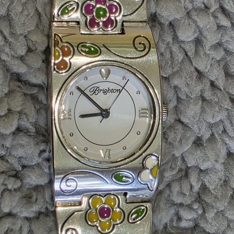 Reloj Pulsera Brighton Martinica Esmalte Flores Cuarzo Japón Tono Plateado Vintage Foto 3 de 4