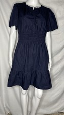 Quince Women 100% Organic Cotton Poplin Tiered Mini Dress Navy Basic Sleeved M