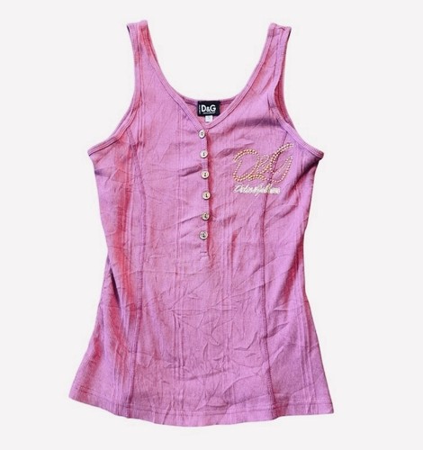 D&G, Vintage D&G Dolce & Gabbana Pink Henley Tank Top Rhinestone Logo Ittierre Size S