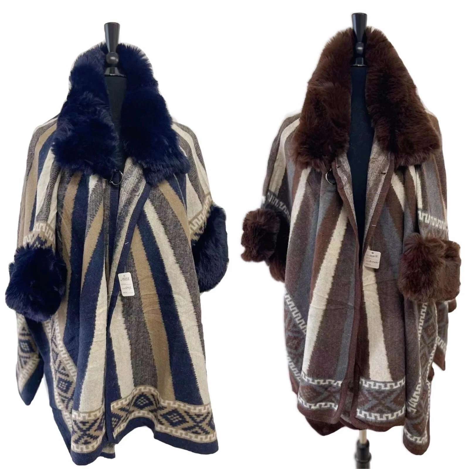 Women Sweater Poncho Winter Coat Ruana Cape Cardigan Faux Fur Trim Open Front