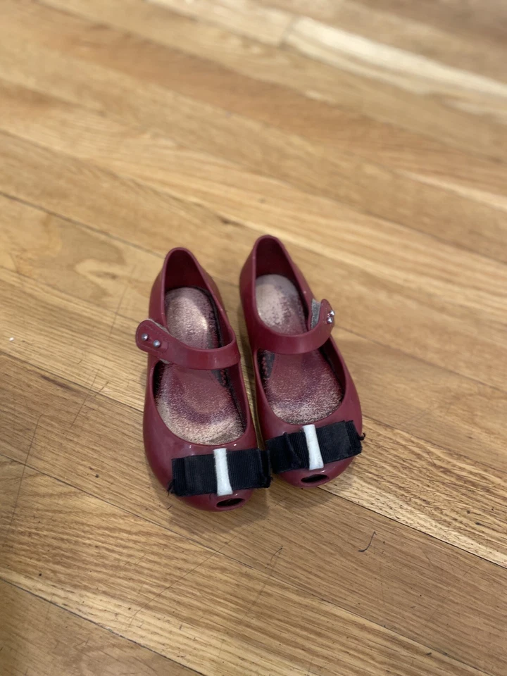 Mini Melissa Sz 24 8 maroon Bow Shoes Girls Church UltraGirl Peep Toe Dressy - Image 4 of 4