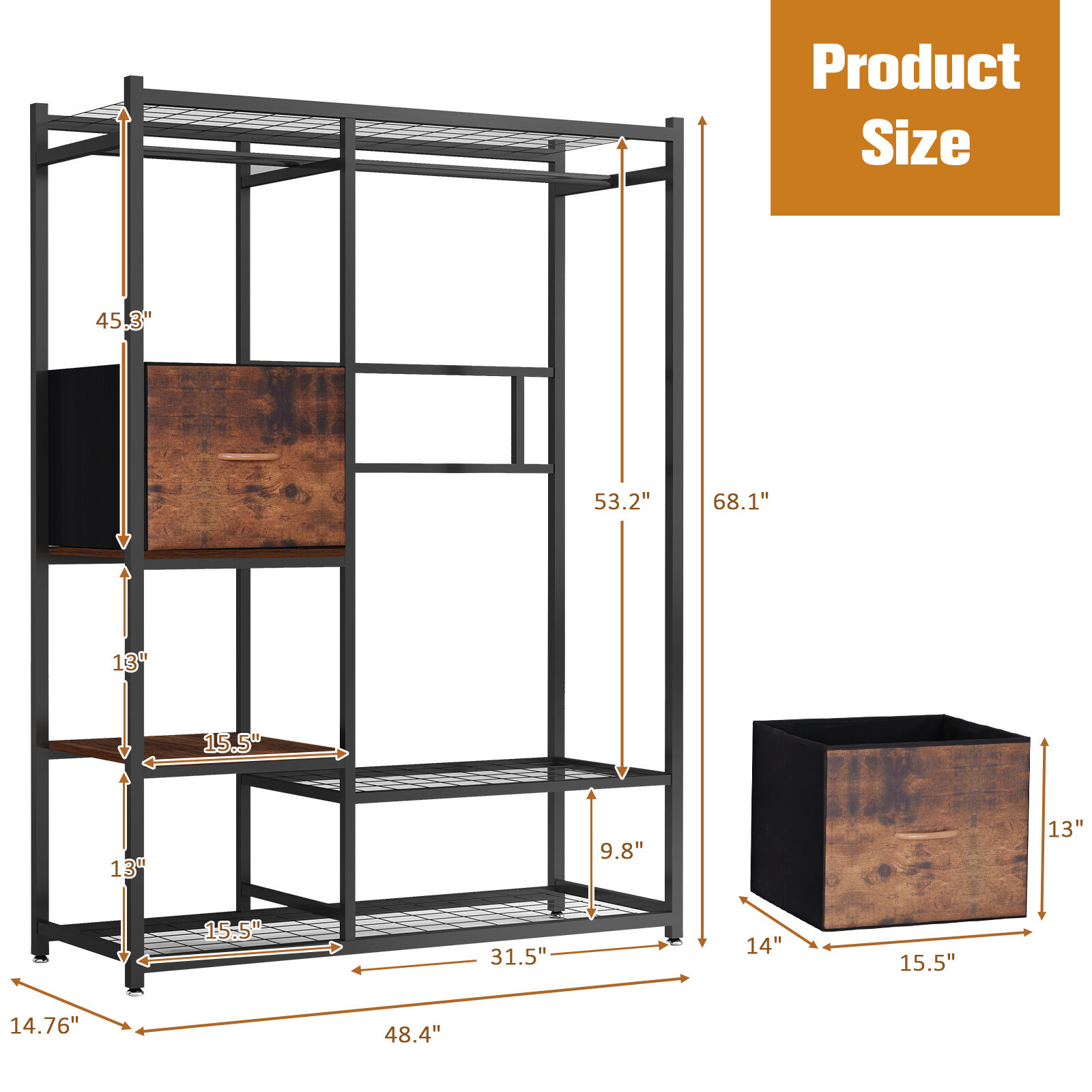 550LBS Iron Garment Rack w/ Hanging Rod Drawer Clothing Shelves Closet Organizer