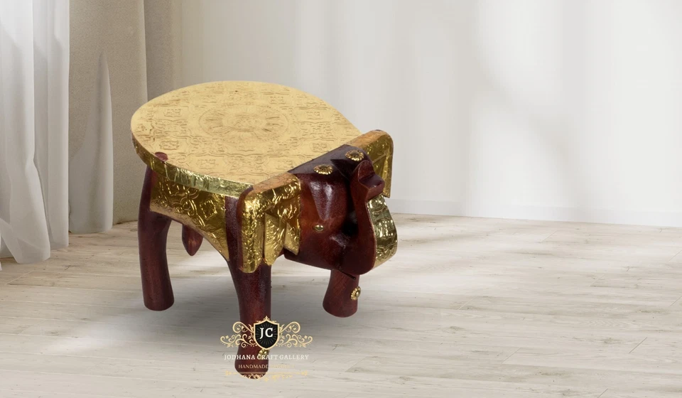 Handmade Wooden Elephant Stool with Brass Fittings -Indian Art Decor Collectible - Image 2 of 4