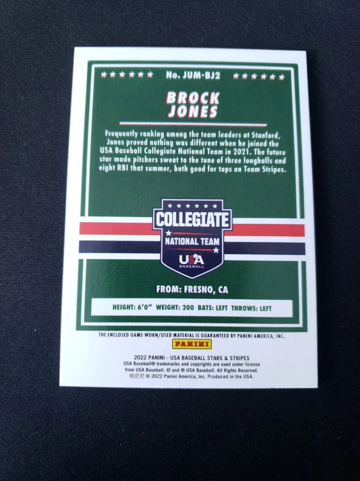 2022 Panini USA Baseball Stars & Stripes Jumbo Relics /82 Brock Jones Rookie RC - Image 4 of 4