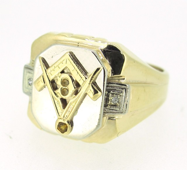 14k Yellow Gold Retro Plumb & Trowel Masonic G Compass Symbol Ring Size