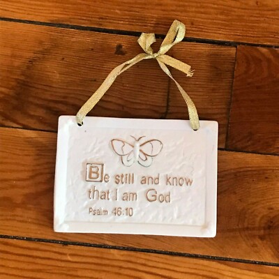 Small White Ceramic Rectangle w Gilt Butterfly BE STILL AND KNOW THAT I AM GOD 
