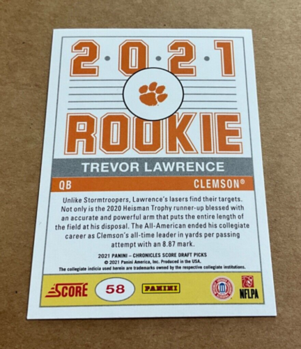 2021 Panini Chronicles Score Draft Picks # 58 Trevor Lawrence Rookie Clemson - Picture 2 of 2