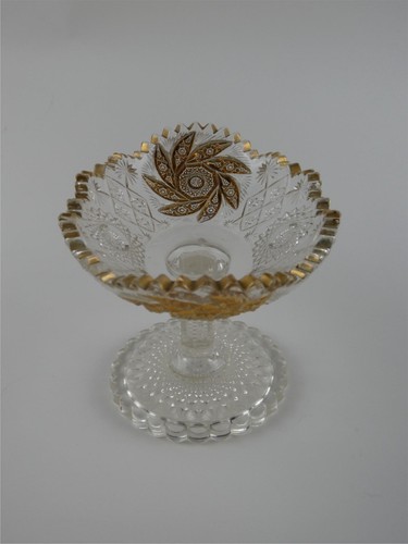 Candy Dish Bowl Clear Glass Gold Tone Trim Sunburst Pinwheel Sawtooth EAPG - Picture 4 of 7