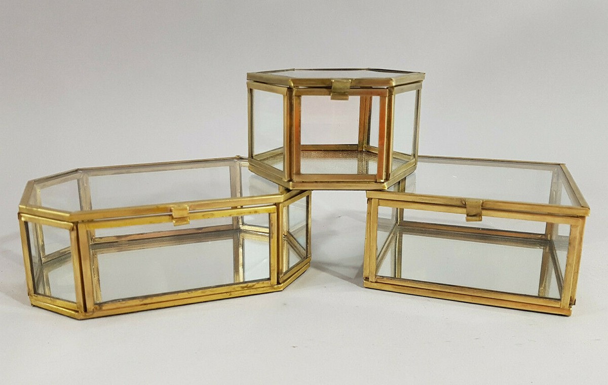 Schmuckkasten Glas Metall 3er Set Metall Gold Messing Glasdose Glaskasten Box