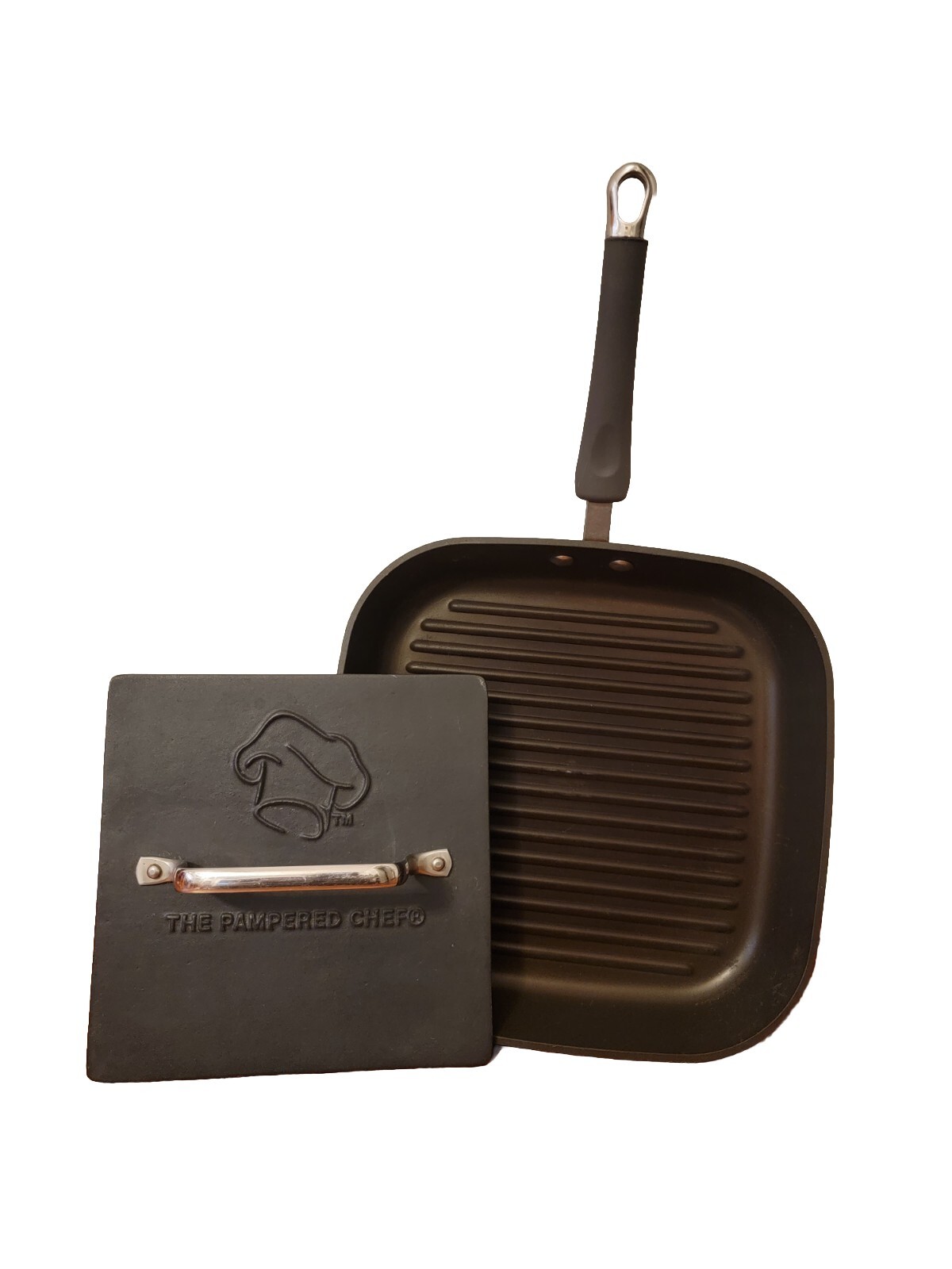 Retired Pampered Chef 11" NonStick Iron Square Grill Pan & Press Bacon