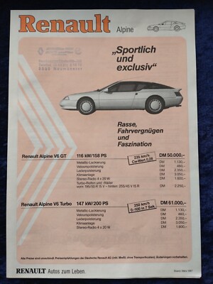 Renault Alpine A310 V6 GT, Turbo Preisliste 03.1987