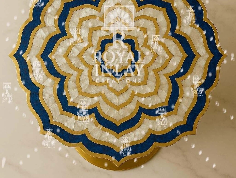 18" MoP & Lapis Lazuli Lotus Table Handmade Gemstone Inlay Accent Table - Image 4 of 4