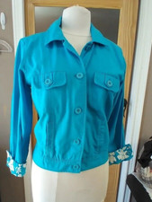 Denim Jacket Bright Blue Stretch Floral Cuffs Pockets Unique Nice...erika Sz M
