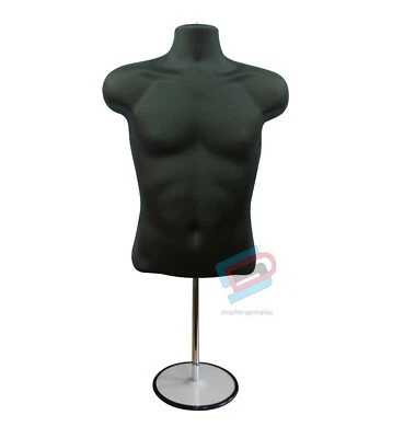 SHOPFITTINGS DISPLAY Black Male Mannequin Body Form Hanging Torso Bust Display Plastic with Stand 3/4