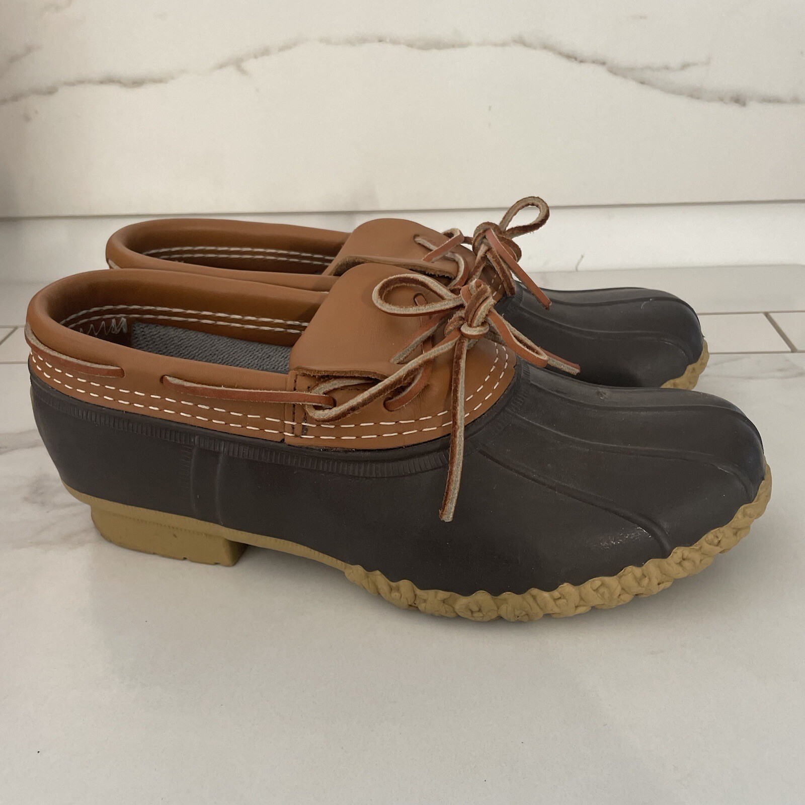LL Bean Mocs Duck Boots Womens 8 Brown Leather Rubber Rain Waterproof Made USA