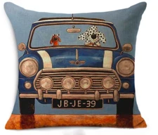 Cushion Cover with Mini Cooper Dog driver Design, Decorative 18x18