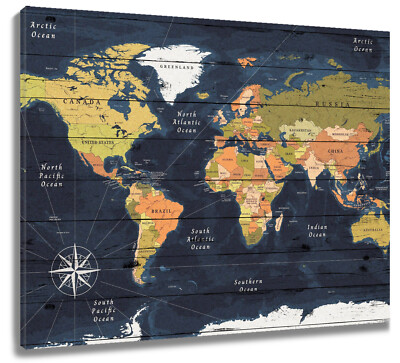 Vintage Old Nautical Blue World Map Canvas Wall Art for Bathroom Living Room