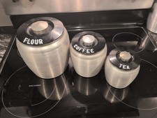 Vintage Retro 1950's Kromex Brushed Aluminum Canister Coffee Tea Flour Set