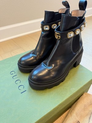 Gucci Calfskin Crystal GG Trip Chelsea Ankle Boots