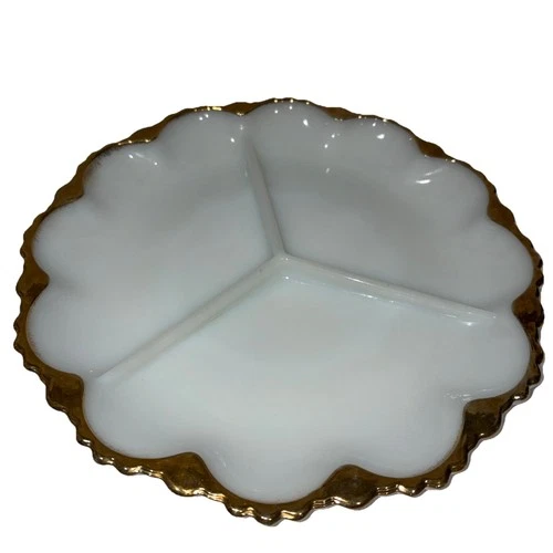 Qty 2 Anchor Hocking Fire King Milk Glass Divided Serving Dish Gold Trim