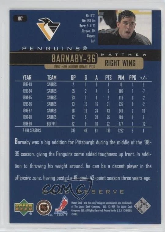 1999-00 Upper Deck Gold Reserve Matthew Barnaby #107 - Image 2 of 2