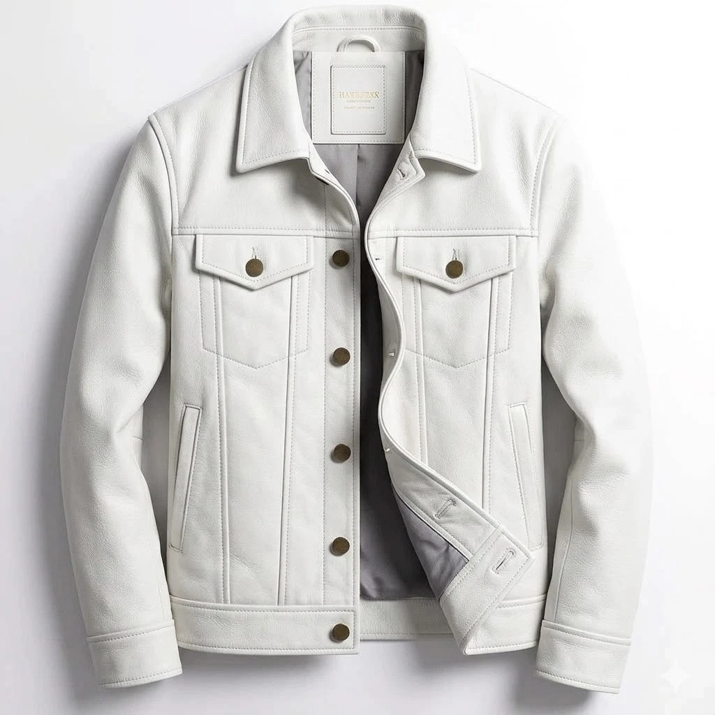 Men's WHITE Genuine Lambskin Leather Trucker Jacket Denim Style Coat jacket