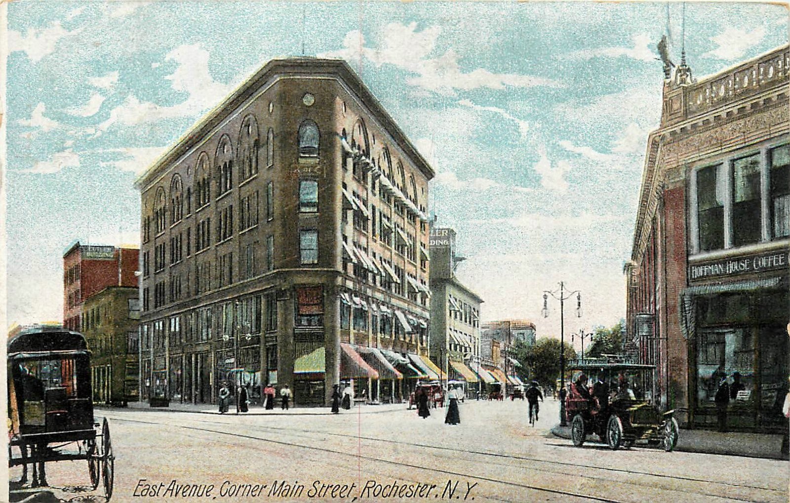 1908 Rochester New York East Avenue Main Street autos railroad Postcard 25-7620
