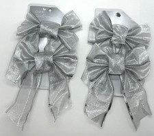 Set of 4 BOWS Christmas Tree ORNAMENTS Silver 5.5x6" Decoration Gift