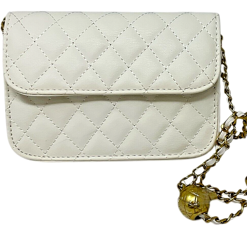 Mini Quilted Faux Leather Crossbody Bag White Gold Chain Strap Women’s Purse