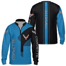 Custom Name Men's Corvette C7 Racing Blue Black 3D Zip Long Sleeve Shirt S-5XL