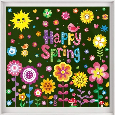 8 Sheets Spring Flowers Window Clings, Happy Spring Flower Bird Stickers Colorfu