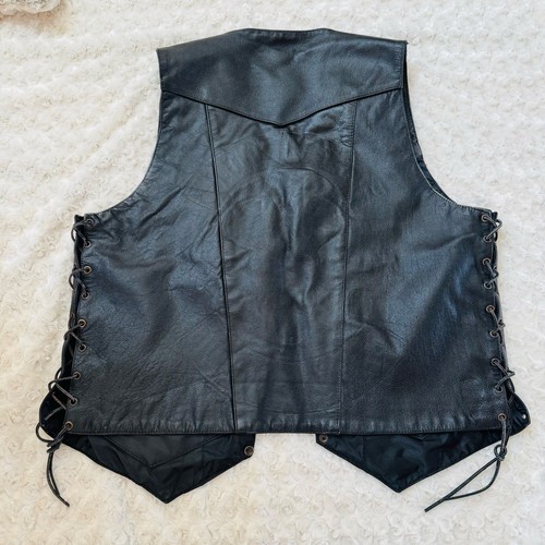 Xelement Black Leather Motorcycle Biker Harley Eagle Chain Snap Lace Up Vest XL - Picture 9 of 14