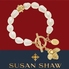 Susan Shaw Bracelet Honey Bee Pearl Toggle Queen Bee 24Kt TP Gold Jewelry Gift