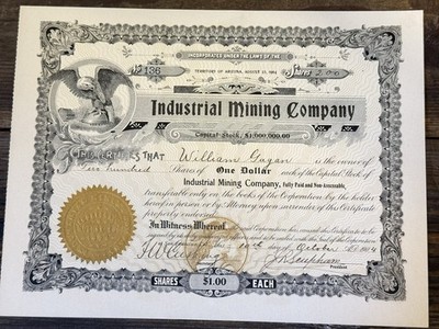 1904 Arizona Territory Industrial Mining Co Stock Certificate Eagle Vignette