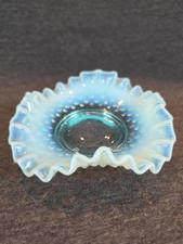 Vintage Fenton Style Blue Opalescent Hobnail Ruffled Glass Bowl
