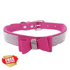 S Hot Pink Suede Dog Cat Collar Leash Combo, Bling Rhinestone Crystal Jeweled...